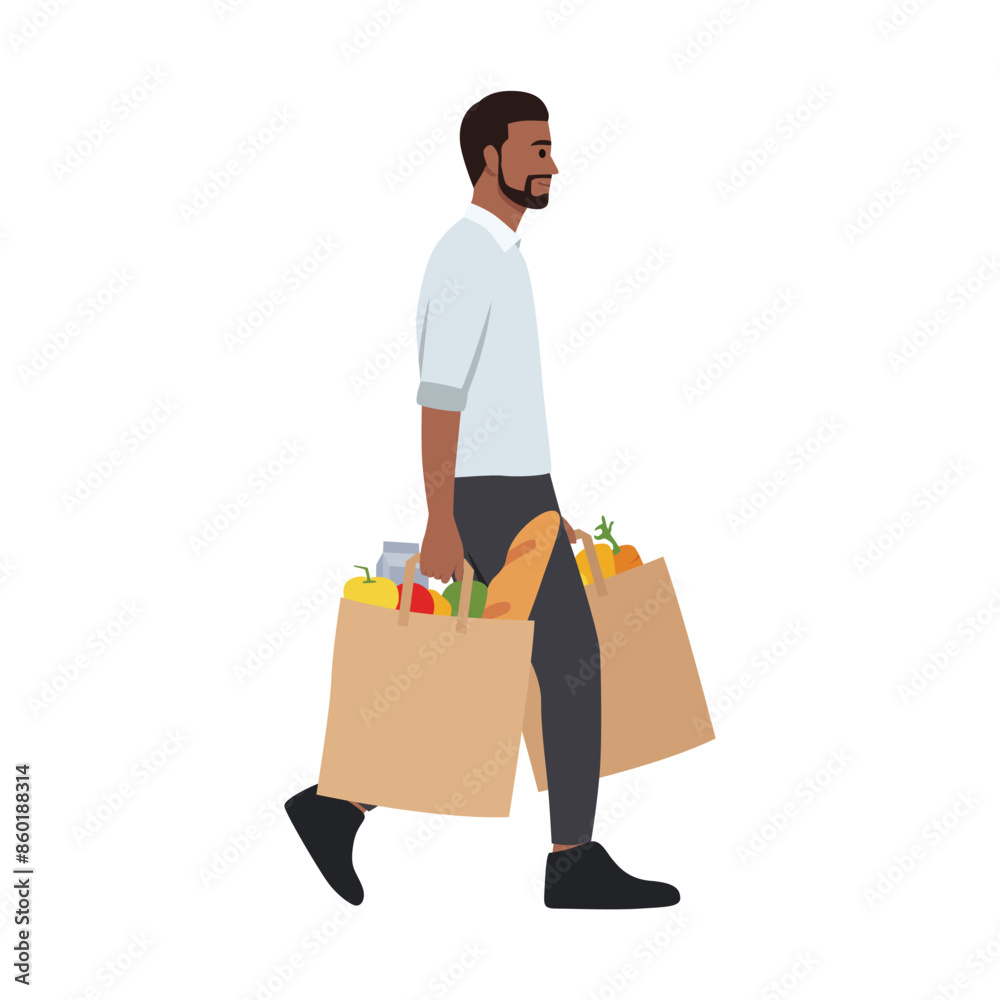 Young man walking with hopping bags with healthy vegetables and fruits. Flat vector illustration isolated on white background Young man walking with hopping bags with healthy vegetables and fruits. Flat vector illustration isolated on white background