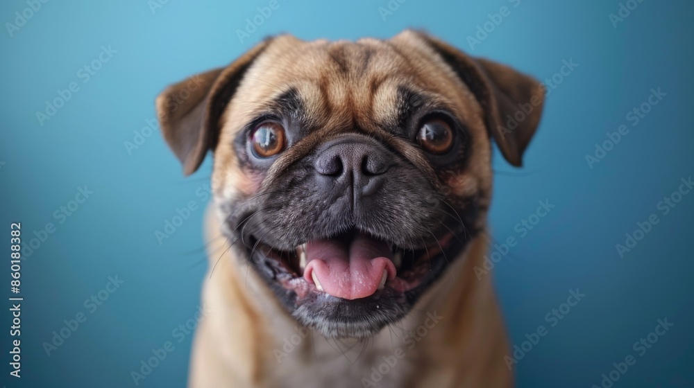 Funny Pug close-up. In a vibrant blue background photo studio. Canine. Dog. Pet. Funny Pug close-up. In a vibrant blue background photo studio. Canine. Dog. Pet.