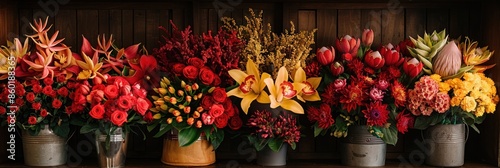 A collection of vibrant flower arrangements displayed on a wooden shelf