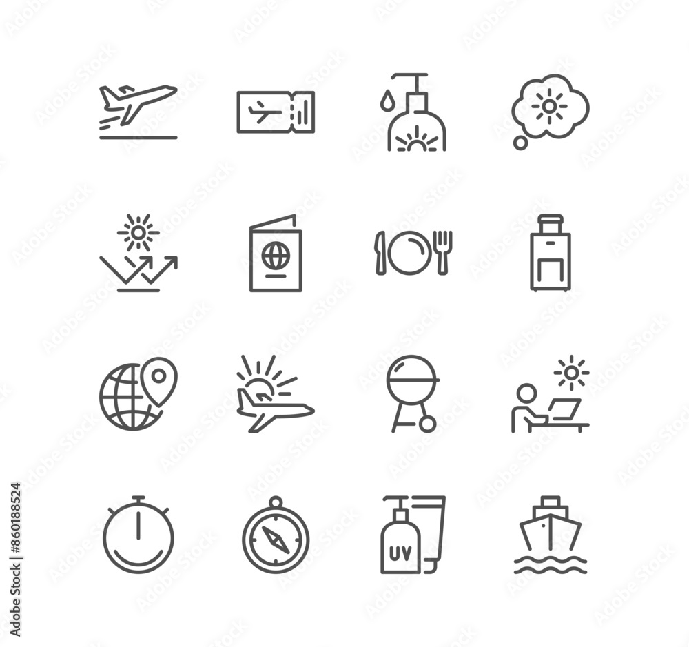 Set of travel and vacation related icons, summer, passport, destination, holiday, sea, sun, water, luggage, sunglasses, beach elements and linear variety vectors.
Set of travel and vacation related icons, summer, passport, destination, holiday, sea, sun, water, luggage, sunglasses, beach elements and linear variety vectors.