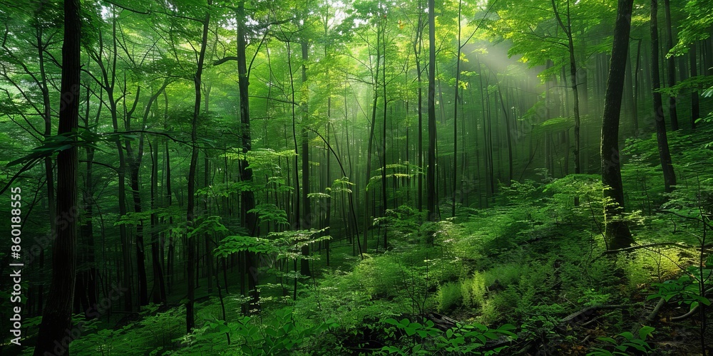 Obraz premium The photo shows a green deciduous forest with a lot of undergrowth