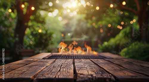Backyard Grill With Flames Burning at Sunset