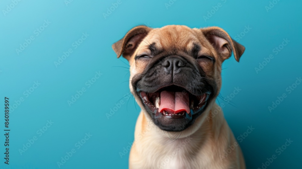 Fototapeta premium Pug close-up. In a vibrant blue background photo studio. Canine. Dog. Pet.