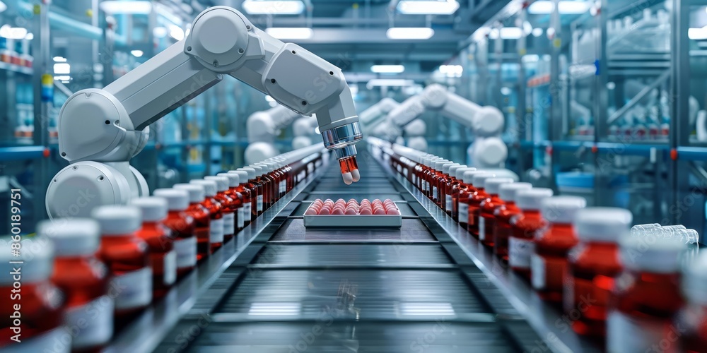 Obraz premium Automated Pharmaceutical Manufacturing with Robotic Precision in Modern Facility