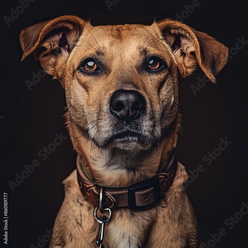 a dog with a dog collar looking at the camera