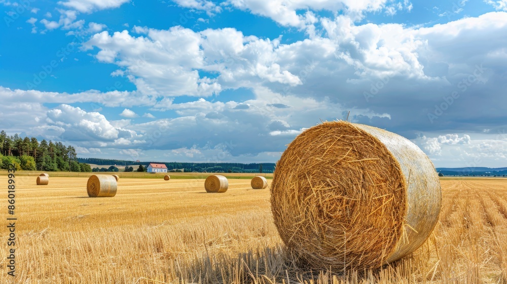 Hay bales scattered in golden field under cloudy sky Hay bales scattered in golden field under cloudy sky