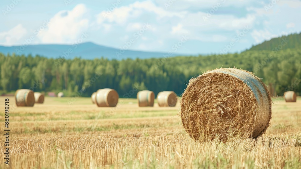 Hay bales in golden field with forested hills background