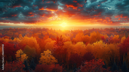 Autumn forest landscape, orange golden foliage, fall wallpaper © staras