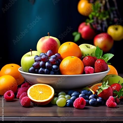 a bowl of fruits on the table.Generative AI