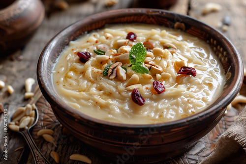 Famous Indian dessert sheer kurma or semiya payasam topped with dry fruits and nuts. photo