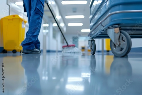 Wallpaper Mural Janitor mopping office floor with cleaning trolley close-up Torontodigital.ca