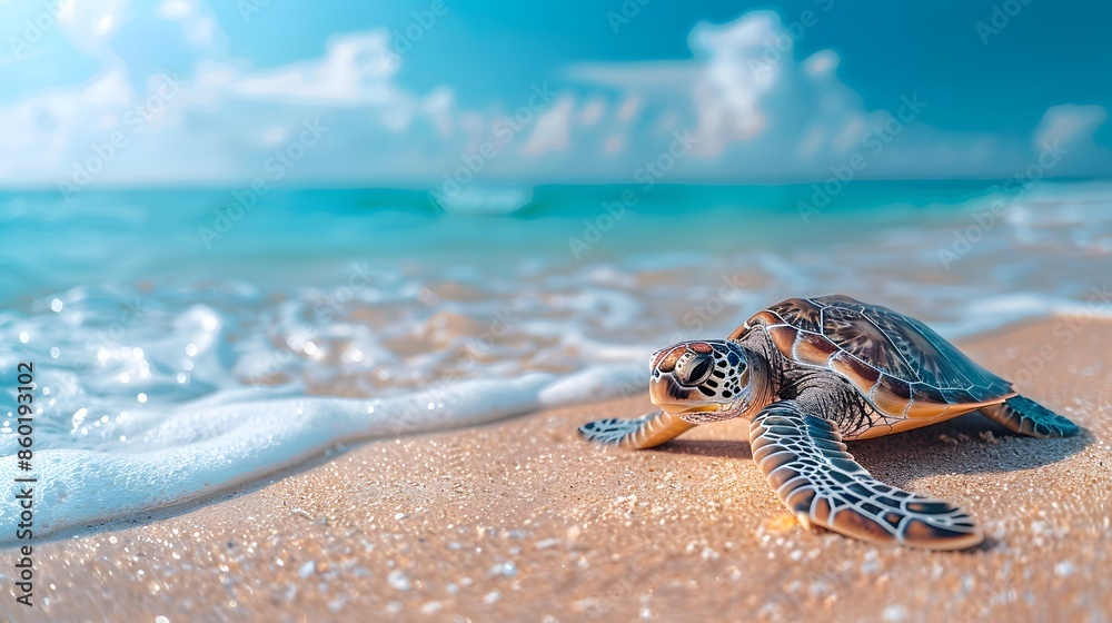 Obraz premium The beach waves are truly amazing and create white foam on the coastline. sea ​​animal turtle with bright, beautiful, natural reflections