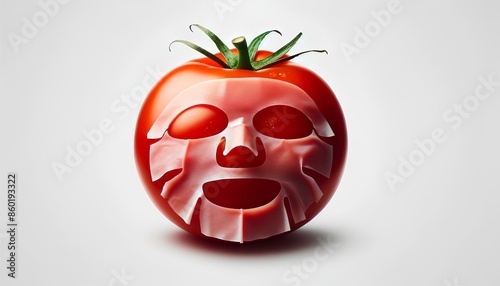 A humorous image of a tomato with a face mask on a blue towel. The tomato is smiling, with exaggerated eyelashes drawn on the mask. This image represents the use of natural products for skincare.