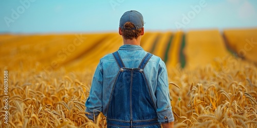 Man in Denim Overalls Standing in Lush Golden Wheat Field Under Sunny Skies photo