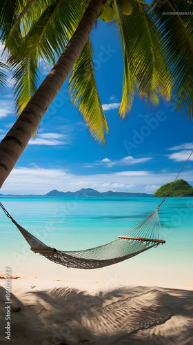 Unfettered Tropical Retreat: An Inviting Hammock Suspended between Coconut Trees overlooking a Turquoise Ocean © Kenneth