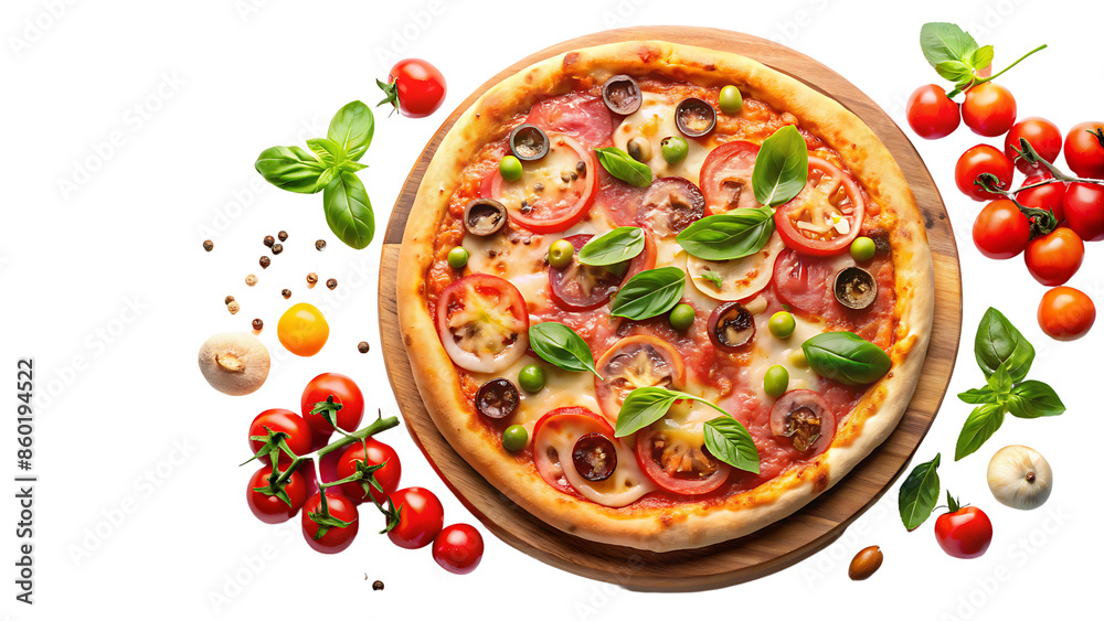 Freshly Baked Pizza with Savory Toppings on Transparent Background Freshly Baked Pizza with Savory Toppings on Transparent Background