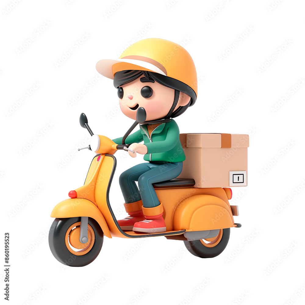 3d cartoon of a delivery man driving a orange scooter delivering a package isolated on a cut out PNG transparent background 3d cartoon of a delivery man driving a orange scooter delivering a package isolated on a cut out PNG transparent background