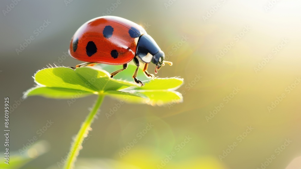 Ladybug on four-leaf clover glowing in golden sunlight, symbolizing good luck and prosperity. Ladybug on four-leaf clover glowing in golden sunlight, symbolizing good luck and prosperity.