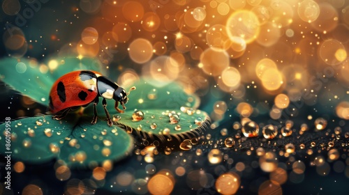 Ladybug on four-leaf clover glowing in golden sunlight, symbolizing good luck and prosperity.