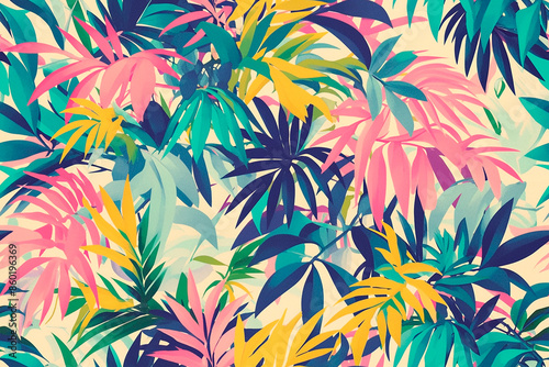 A vibrant seamless pattern with tropical leaves in shades of pink, yellow, and green against a light background.