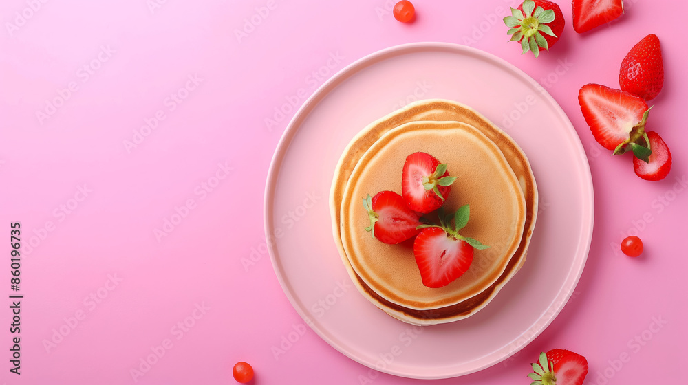 A stack of pancakes with strawberries on top of it. The plate is on a pink background