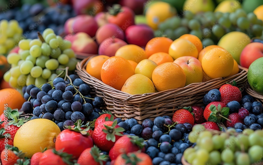 A vibrant assortment of fresh fruits including oranges, grapes, strawberries, and more in a market setting, showcasing natural colors and textures. A vibrant assortment of fresh fruits including oranges, grapes, strawberries, and more in a market setting, showcasing natural colors and textures.