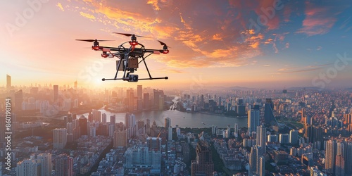 Drone Flying Over City Skyline at Sunset Capturing Urban Aerial Photography photo