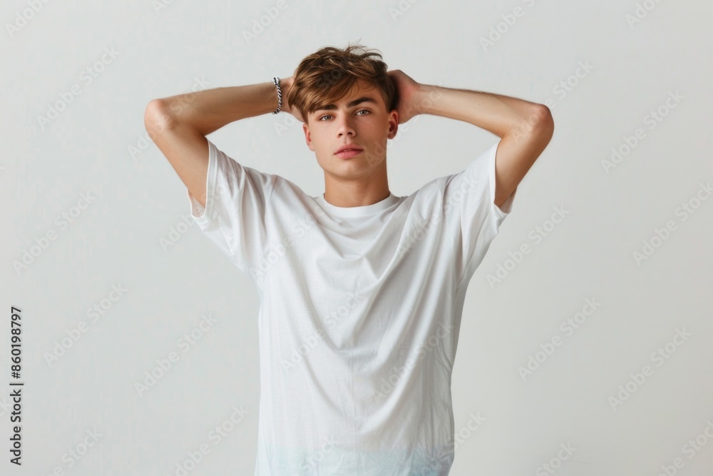 Handsome young man posing hands on head looking at camera Handsome young man posing hands on head looking at camera