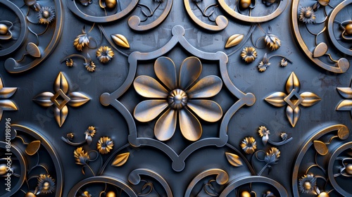 Ornate metalwork pattern with intricate floral details in gold and silver.