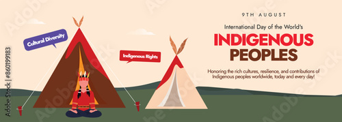  International Day of the World's Indigenous Peoples. 9th August worlds indigenous peoples day celebration cover banner with tribal village tents. The day is to raise awareness for their protection