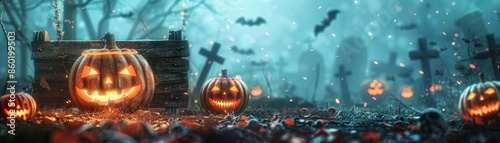 Spooky Halloween scene with jack-o'-lanterns and bats flying over a graveyard. photo