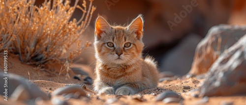 red fox vulpes sitting on a rock, in the desert forest photo