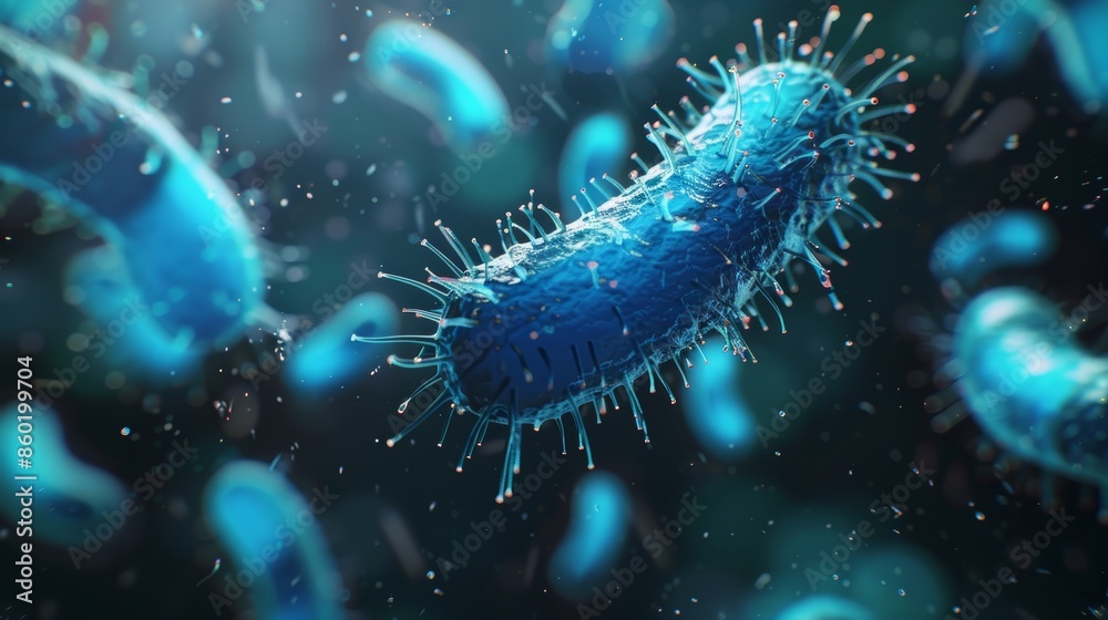 A microscopic view of blue rod-shaped bacteria, with spiky edges, floating in a dark background. A microscopic view of blue rod-shaped bacteria, with spiky edges, floating in a dark background.