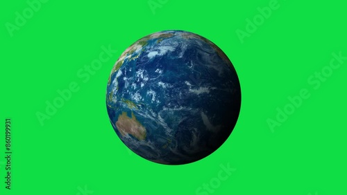 3D realistic Earth planet spinning on chroma key green screen alpha channel background. Rotation 360 degrees	