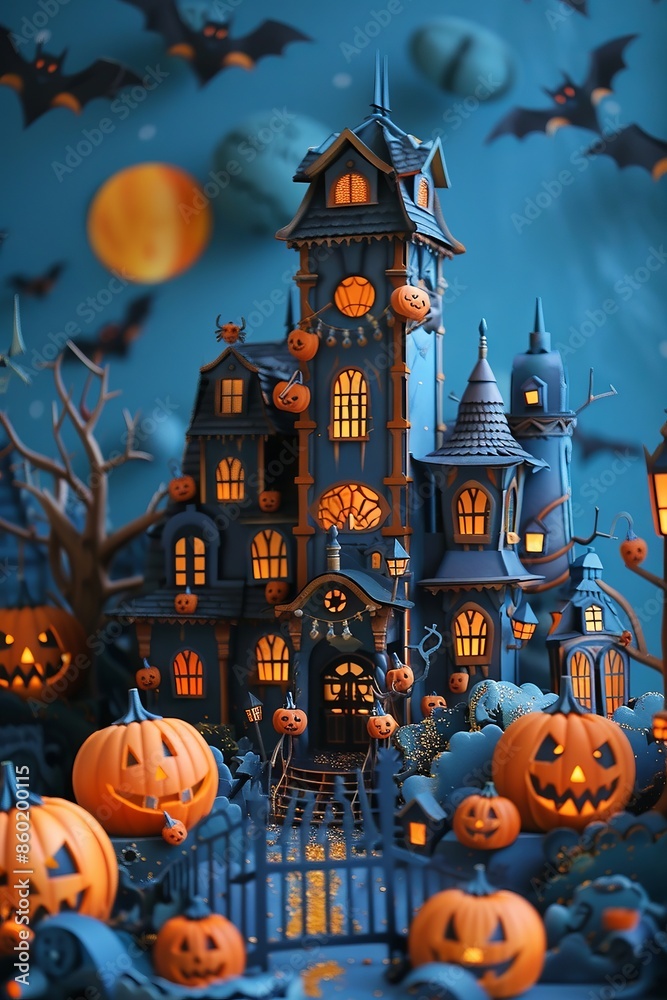 Fototapeta premium Haunted Mansion Amidst Glowing Pumpkins and Floating Bats on a Spooky Night