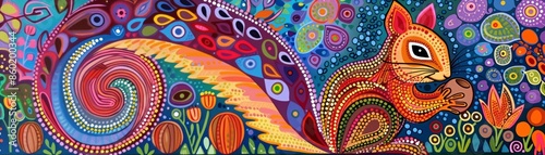 Abstract colorful illustration of a squirrel in a swirling pattern.