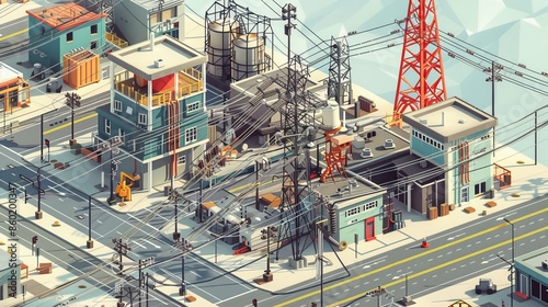 A cityscape with a lot of power lines and a tall tower
