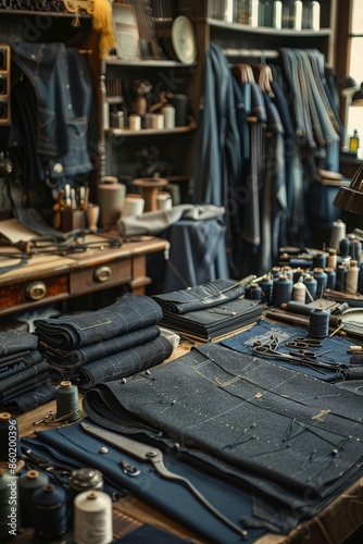 Tailor's Workshop Filled with Sewing Tools, Fabrics, and Custom Suits in Preparation