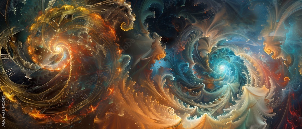 Vibrant abstract artwork featuring swirling patterns of orange, blue, and white, Roman numerals are subtly integrated into the design, suggesting the passage of time. Vibrant abstract artwork featuring swirling patterns of orange, blue, and white, Roman numerals are subtly integrated into the design, suggesting the passage of time.