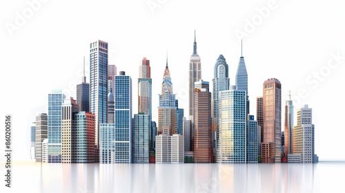 A city skyline with tall buildings and a clear blue sky