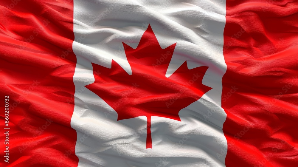 A close-up of the Canadian flag with flowing fabric. The red maple leaf stands out against the white background.
