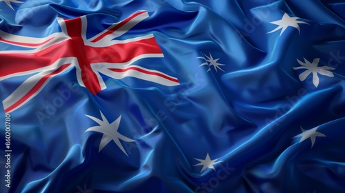 Close-up of the Australian flag waving in the wind. The blue background with white stars and the Union Jack in the corner are prominent. photo