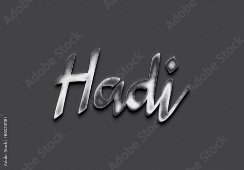 Chrome metal 3D Indonesian name design of Hadi on grey background.	 photo