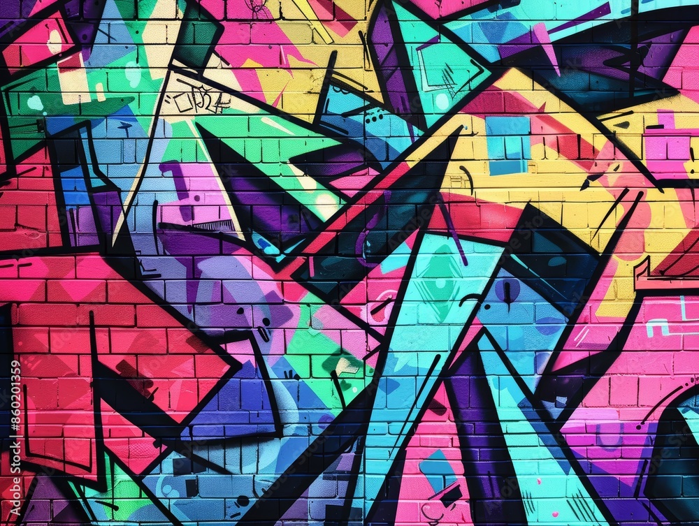 Colorful Abstract Graffiti Art on a Brick Wall with Geometric Shapes and Bold Colors Colorful Abstract Graffiti Art on a Brick Wall with Geometric Shapes and Bold Colors