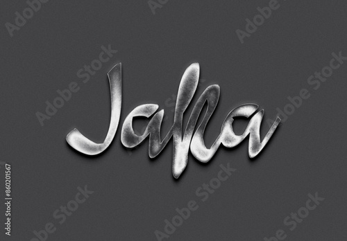 Chrome metal 3D Indonesian name design of Jaka on grey background.	 photo