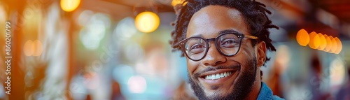 A young professional headshot of a smiling African-American man wearing glasses