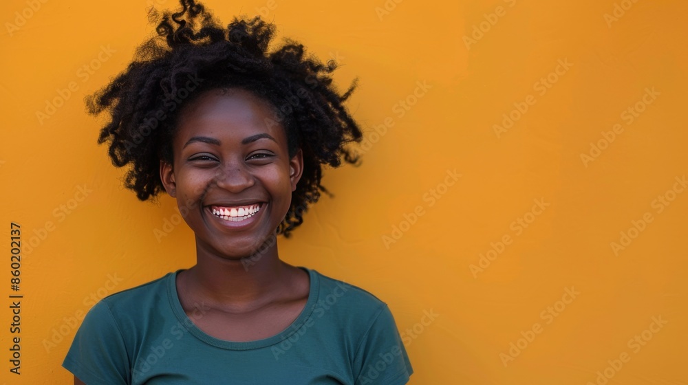 Create an image of a smiling African person. They are wearing a solid color t-shirt and standing in front of a solid color background Create an image of a smiling African person. They are wearing a solid color t-shirt and standing in front of a solid color background