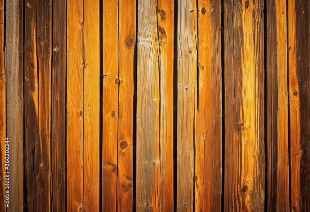 Fototapeta premium warm sunlight illuminating rustic wooden fence countryside, farm, rural, weathered, old, planks, sunny, glowing, shining, slats, shadows, bright, lighting