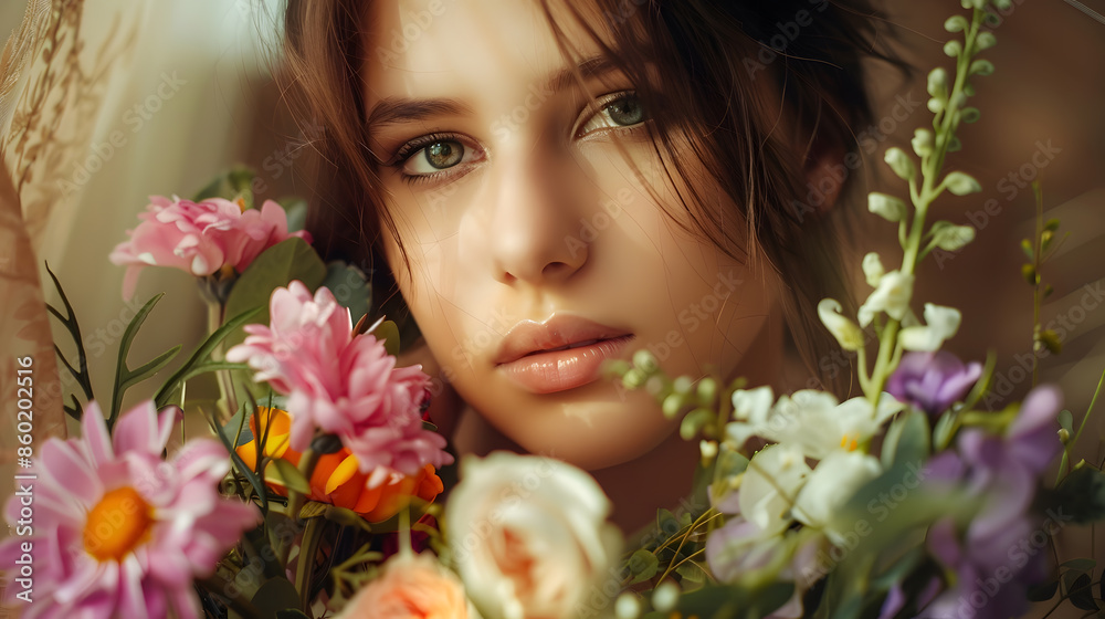 Attractive brunette girl with big beautiful bouquet of flowers Beautiful white girl with flowers Pretty woman with bright makeup Art portrait with flowers : Generative AI Attractive brunette girl with big beautiful bouquet of flowers Beautiful white girl with flowers Pretty woman with bright makeup Art portrait with flowers : Generative AI