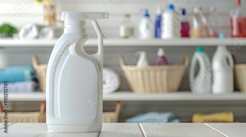 Blank label plastic detergent bottle in a laundry room. Bottle mock up